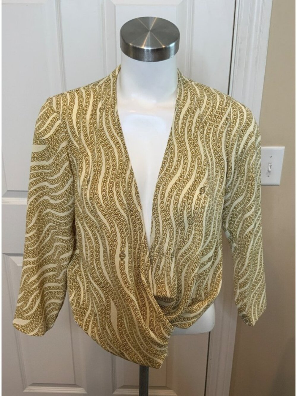 Michael Kors Cream Gold Chain Print Draped Wrap Top, Size S